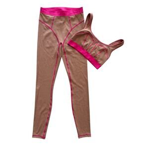 FABLETICS TAN/PINK WAFFLE ACTIVEWEAR LOUNGE SET BRA/LEGGINGS SIZE SMALL